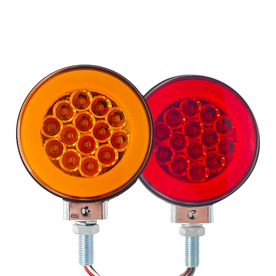 GAMA 2pc 4" Round Double Face Single Stud Mount Pearl Red/Amber 48 LED Pedestal Fender Reflective Lights w Chrome Housing Sealed Replacement for Kenworth/Peterbilt/Freightliner DOT Compliant