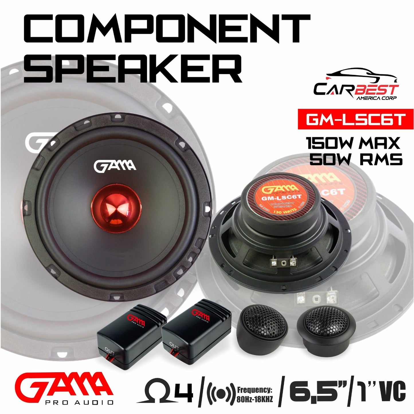 GAMA 6.5" 2‑Way Component Speakers — 150W Max / 50W RMS (Pair)