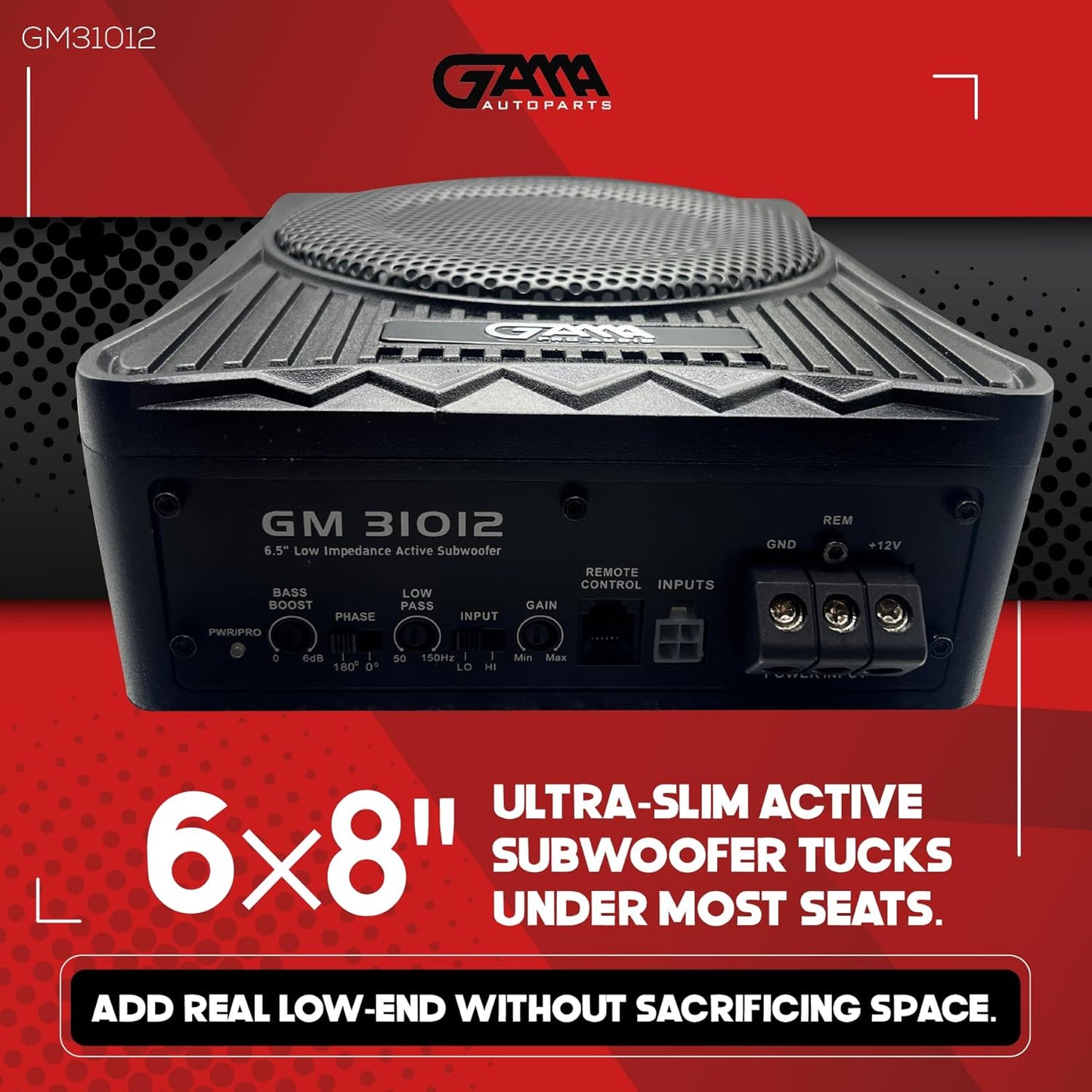 GAMA 6×8" Under‑Seat Powered Subwoofer — Low‑Profile Active Bass Module
