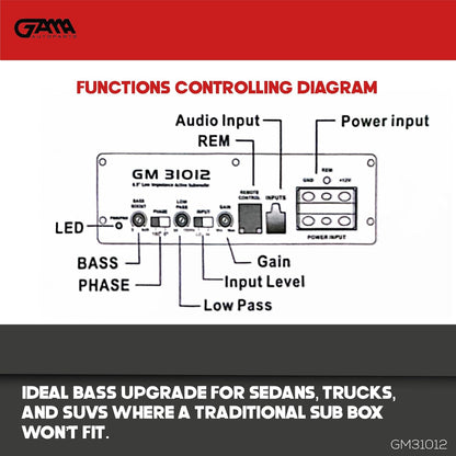 GAMA 6×8" Under‑Seat Powered Subwoofer — Low‑Profile Active Bass Module