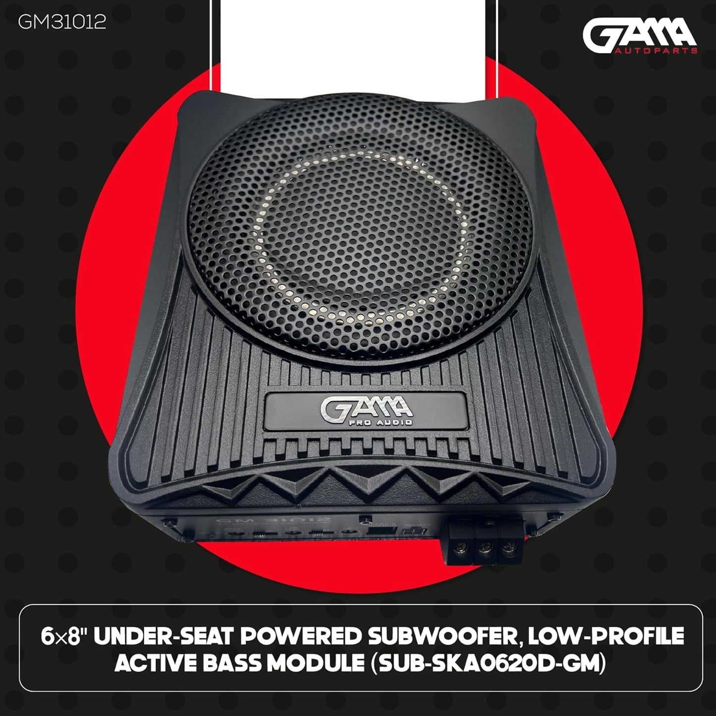 GAMA 6×8" Under‑Seat Powered Subwoofer — Low‑Profile Active Bass Module
