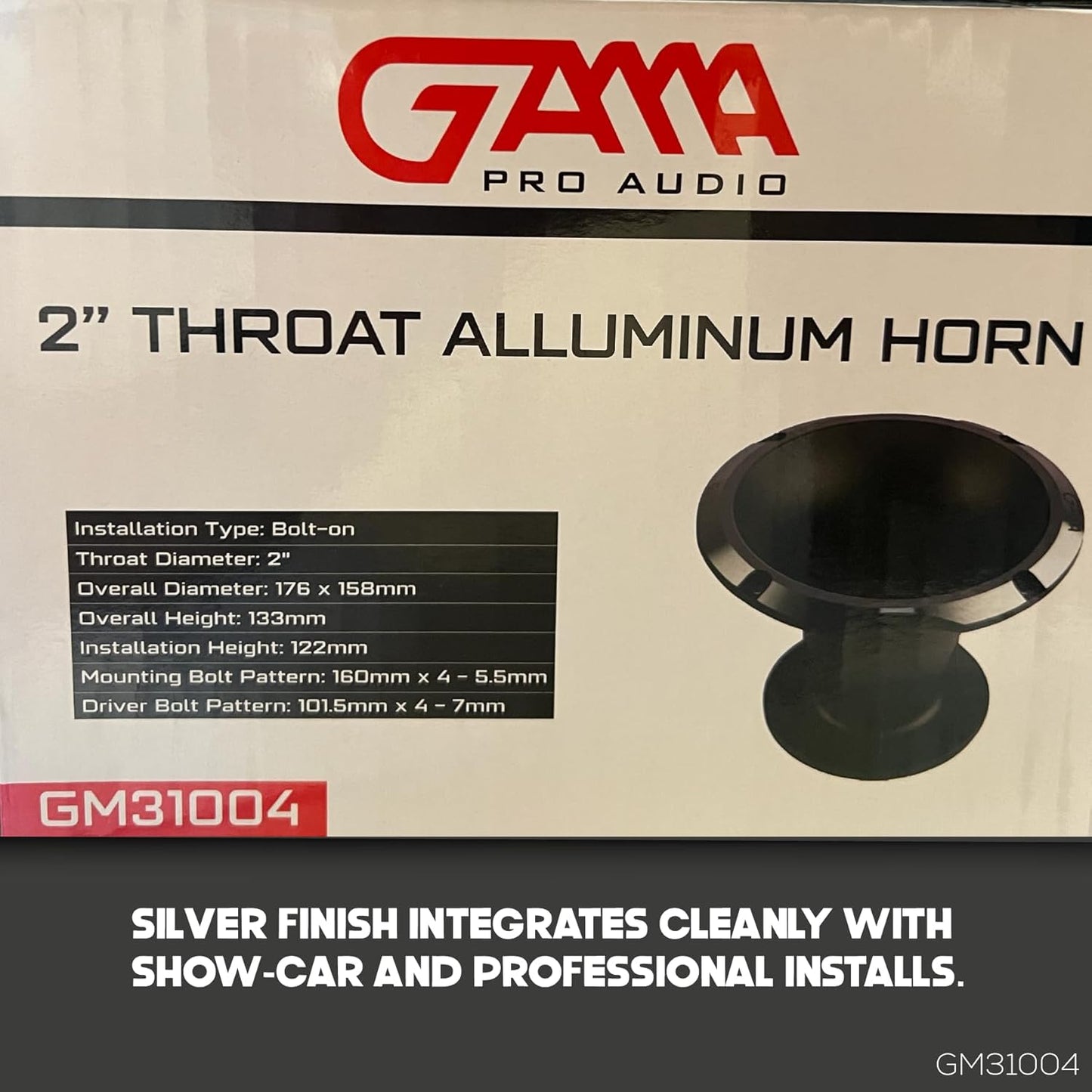 GAMA Audio Aluminum Horn Flare, 2" Throat, 176×158×133 mm, Silver – For 2" Compression Drivers