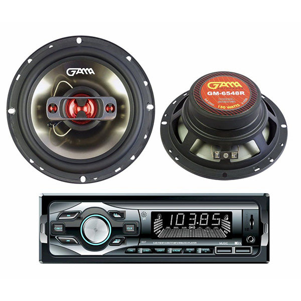 6.5" 4-Way Coaxial Speaker Pair with Black Steel Basket + Car FM/BT/USB/SD-MMC Player Combo