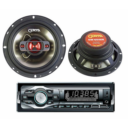 6.5" 4-Way Coaxial Speaker Pair with Black Steel Basket + Car FM/BT/USB/SD-MMC Player Combo