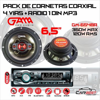 6.5" 4-Way Coaxial Speaker Pair with Black Steel Basket + Car FM/BT/USB/SD-MMC Player Combo