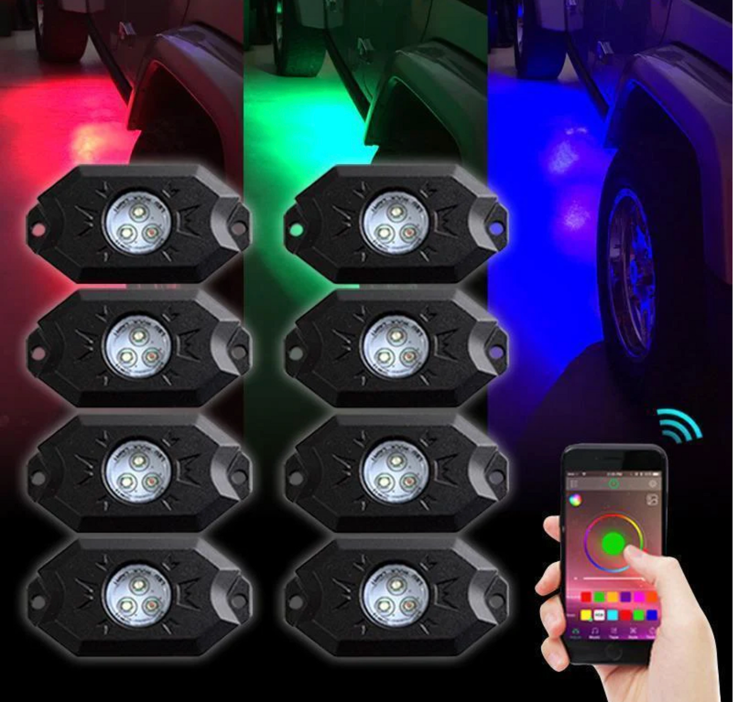 RGB LED Rock Light Kit – Bluetooth Control | 8PCS Set